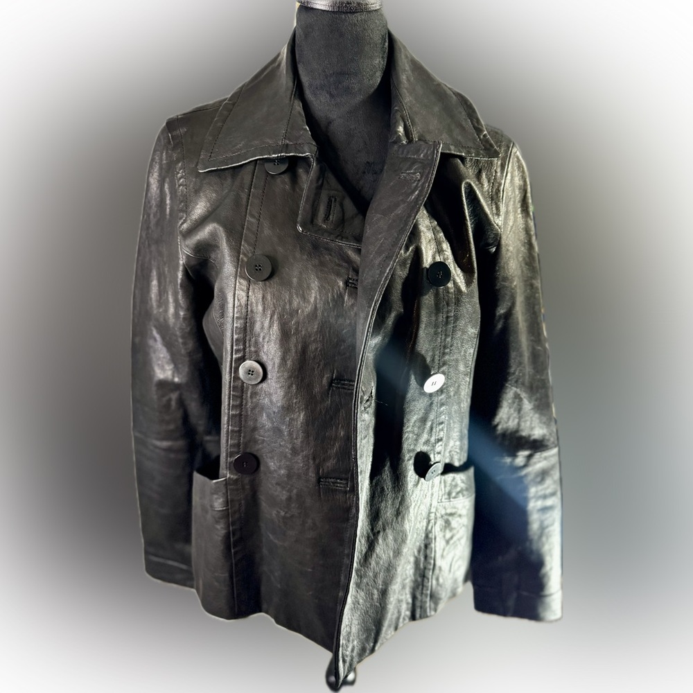 VTG Y2K Kenneth Cole Black Genuine Leather Peacoat Women’s Medium Normacore